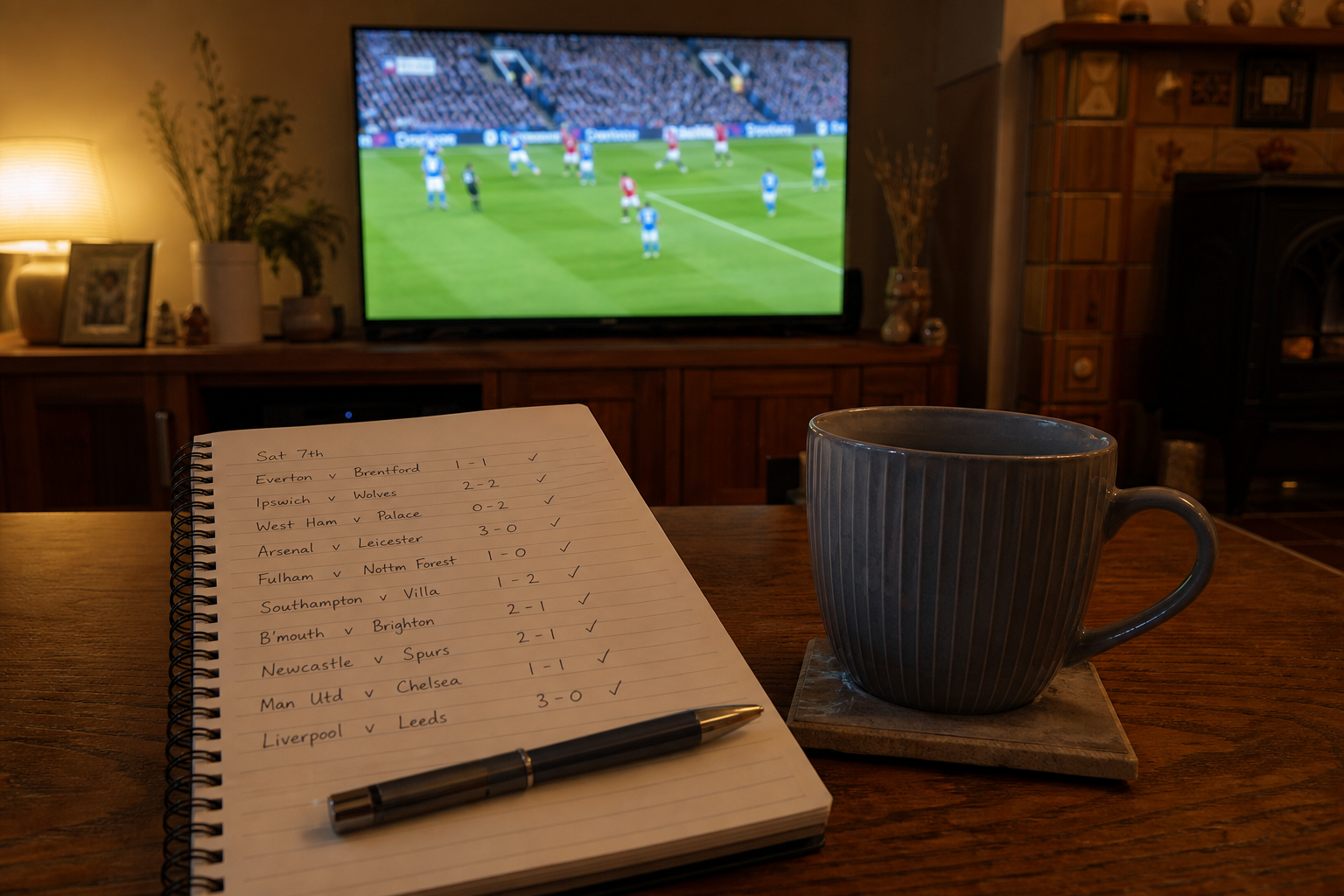 Football on TV and a notepad listing accumulator selections
