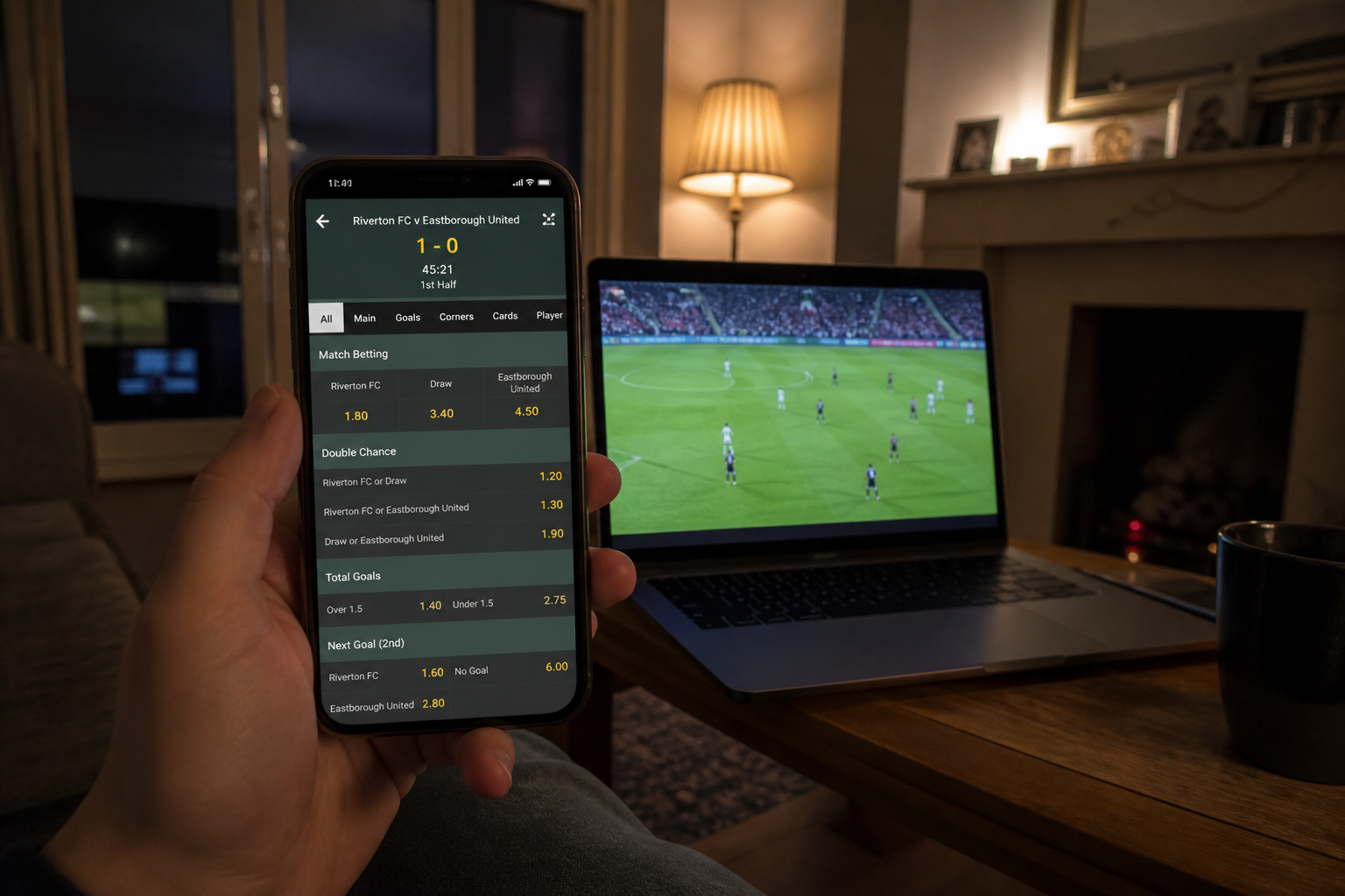Live football on a laptop and a phone in a UK living room