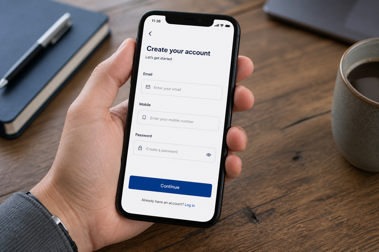 Smartphone showing a generic account registration form